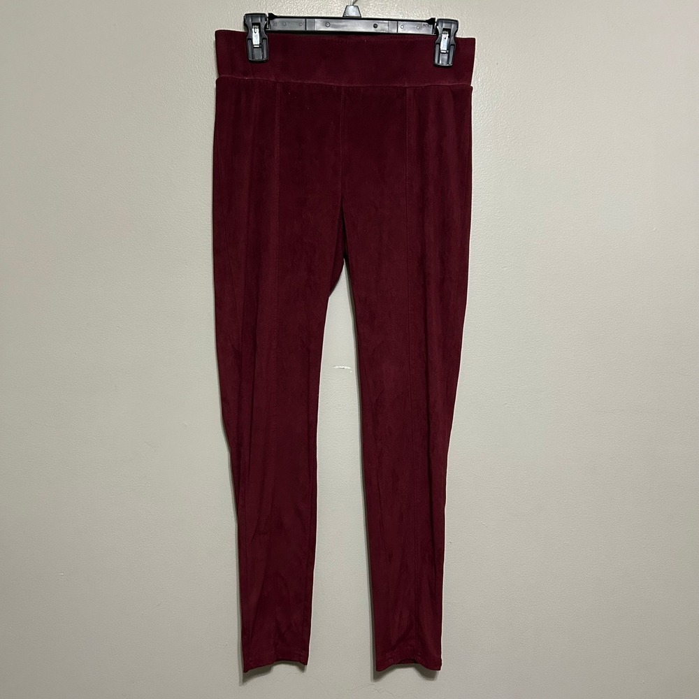 Seven7 Womens Leggings M Burgundy Faux Suede High Rise Seam Front Velvet Stretch